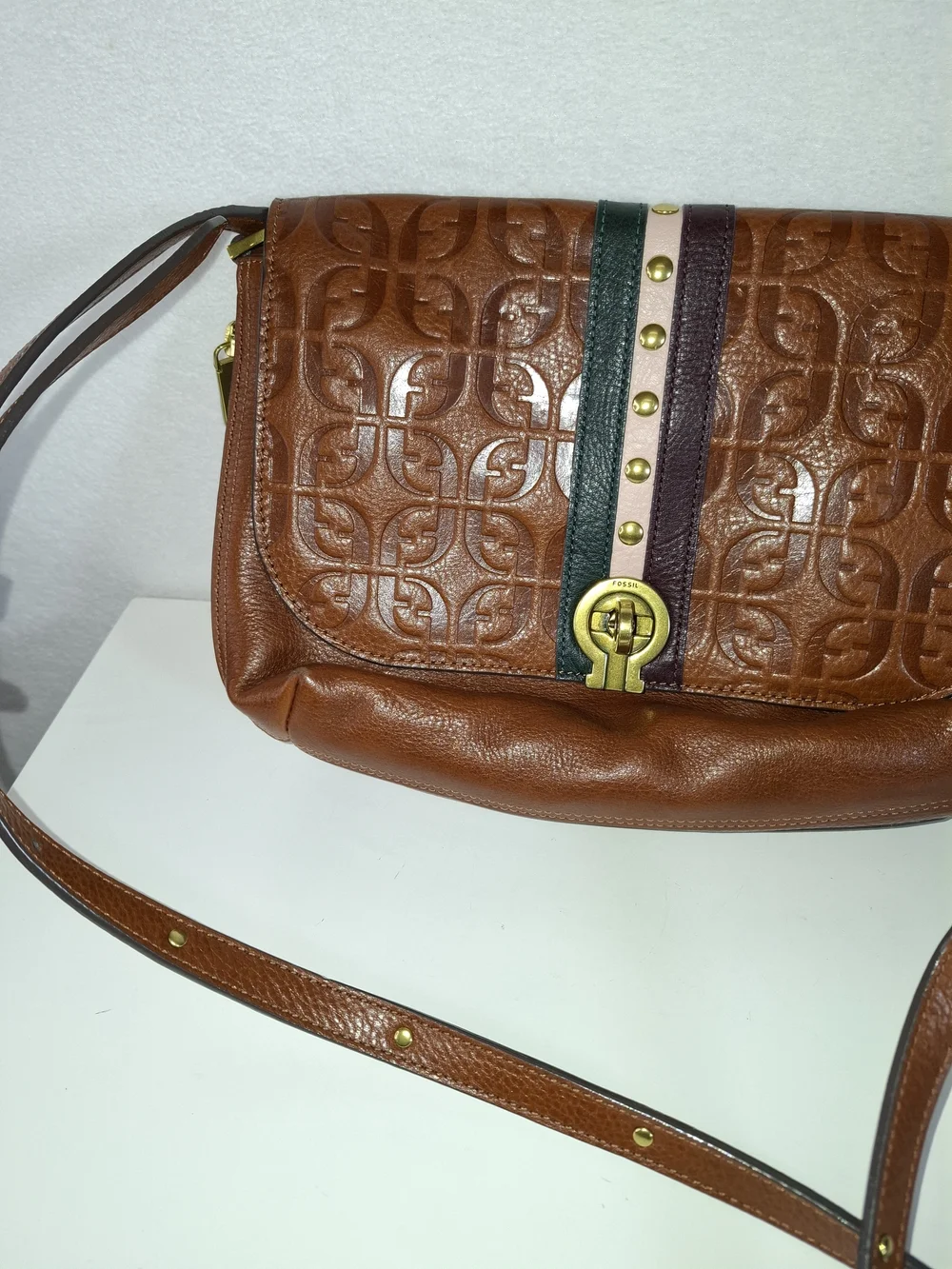 Fossil Brown Leather Crossbody with Studded Stripe Detail